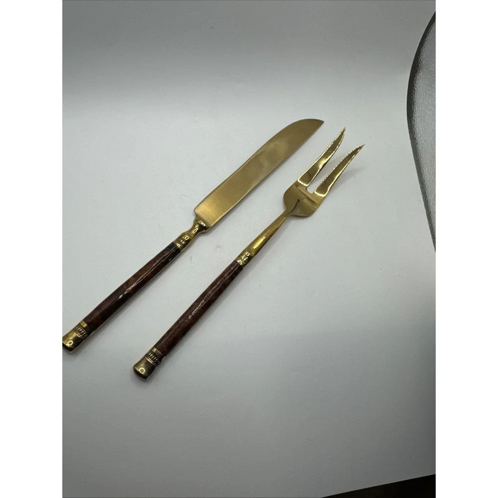 Vintage Burl wood handled‎ carving set. Gold tone.